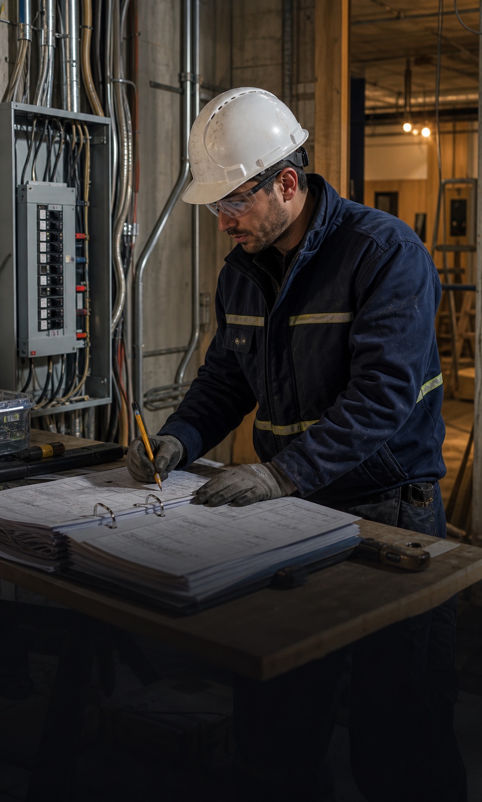 Electrician reviewing electrical plans at a commercial jobsite